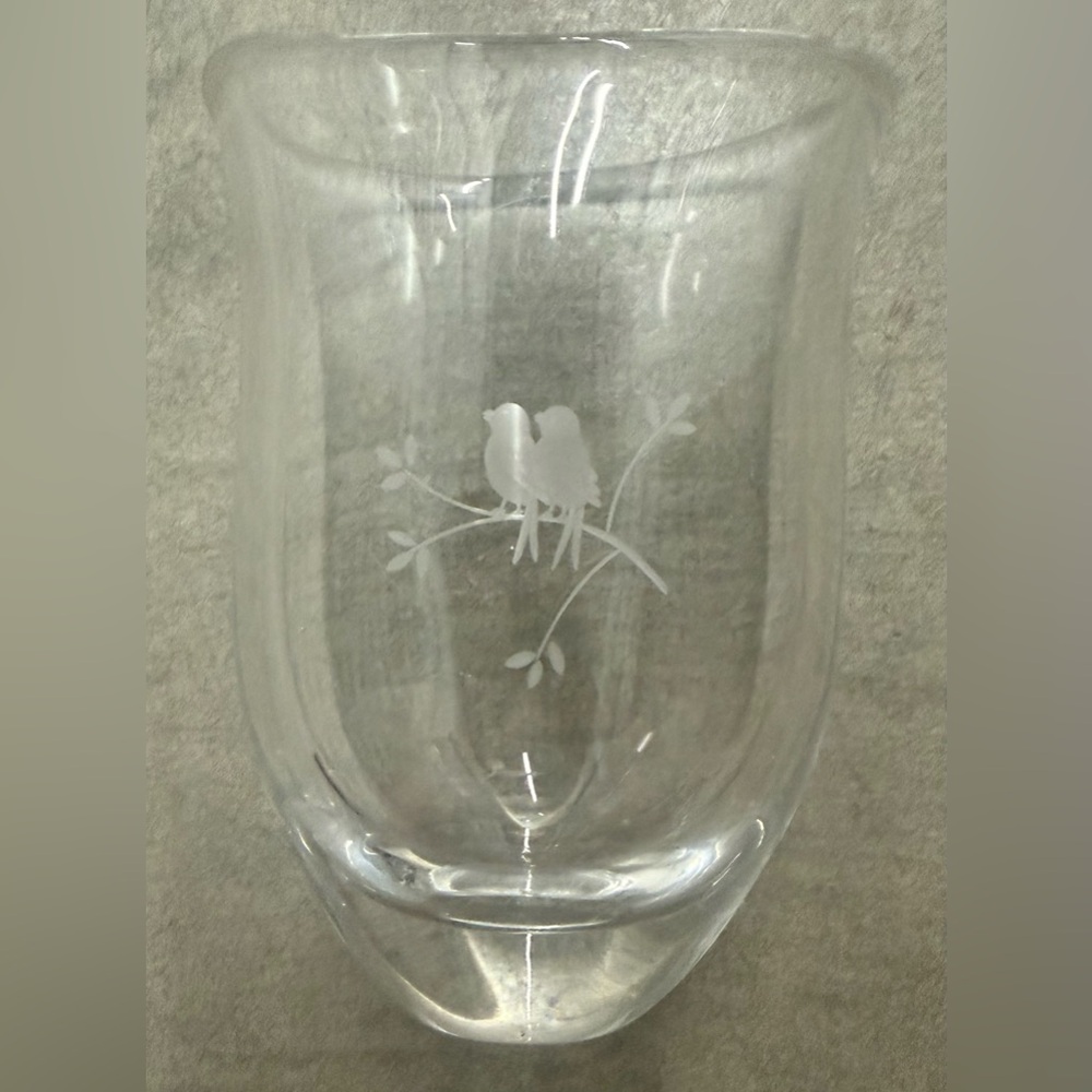 Vintage Medium Sized  Glass Vase With  Etched Birds On Limb Signed and Numbered